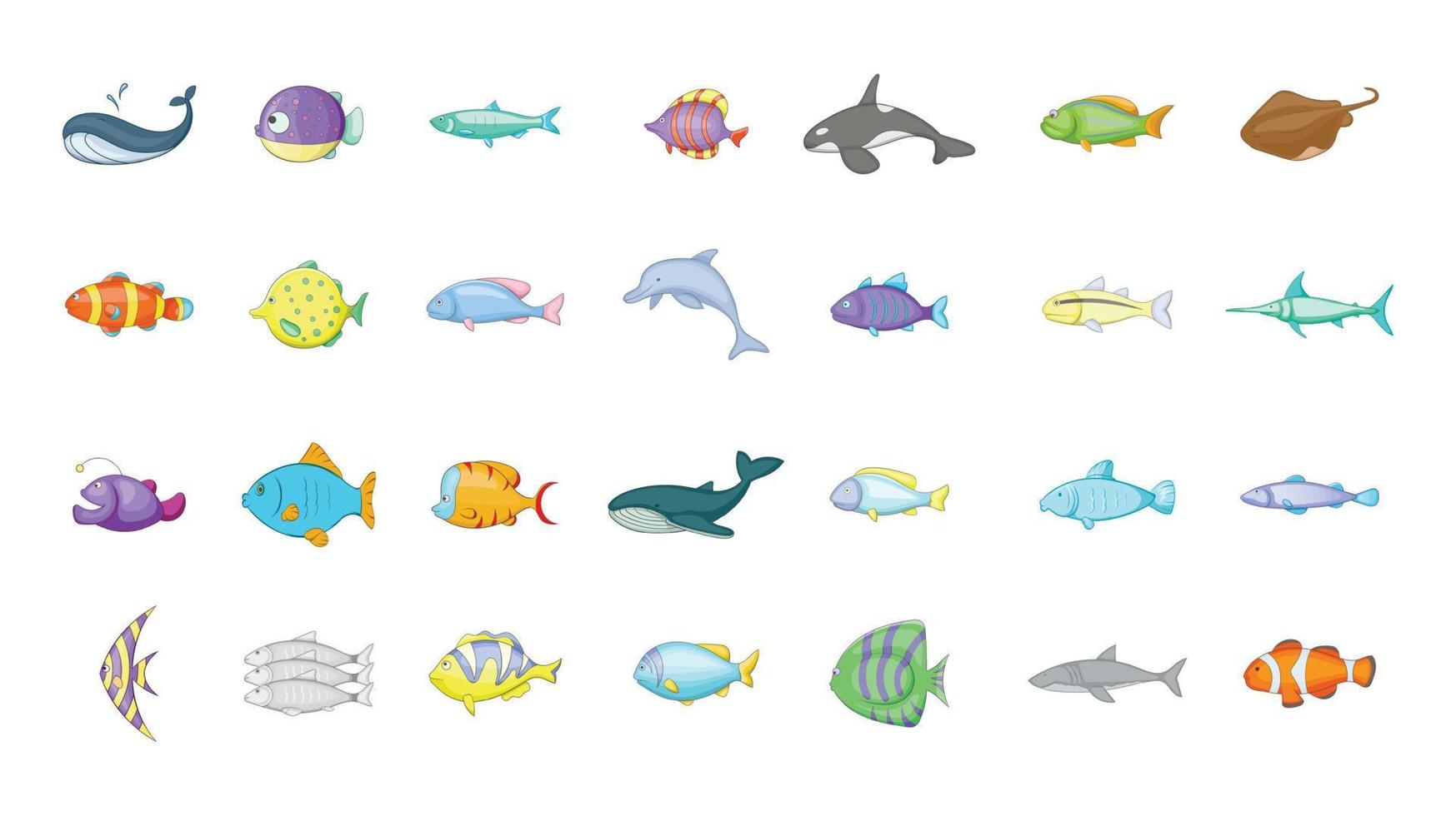 Fish icon set, cartoon style vector