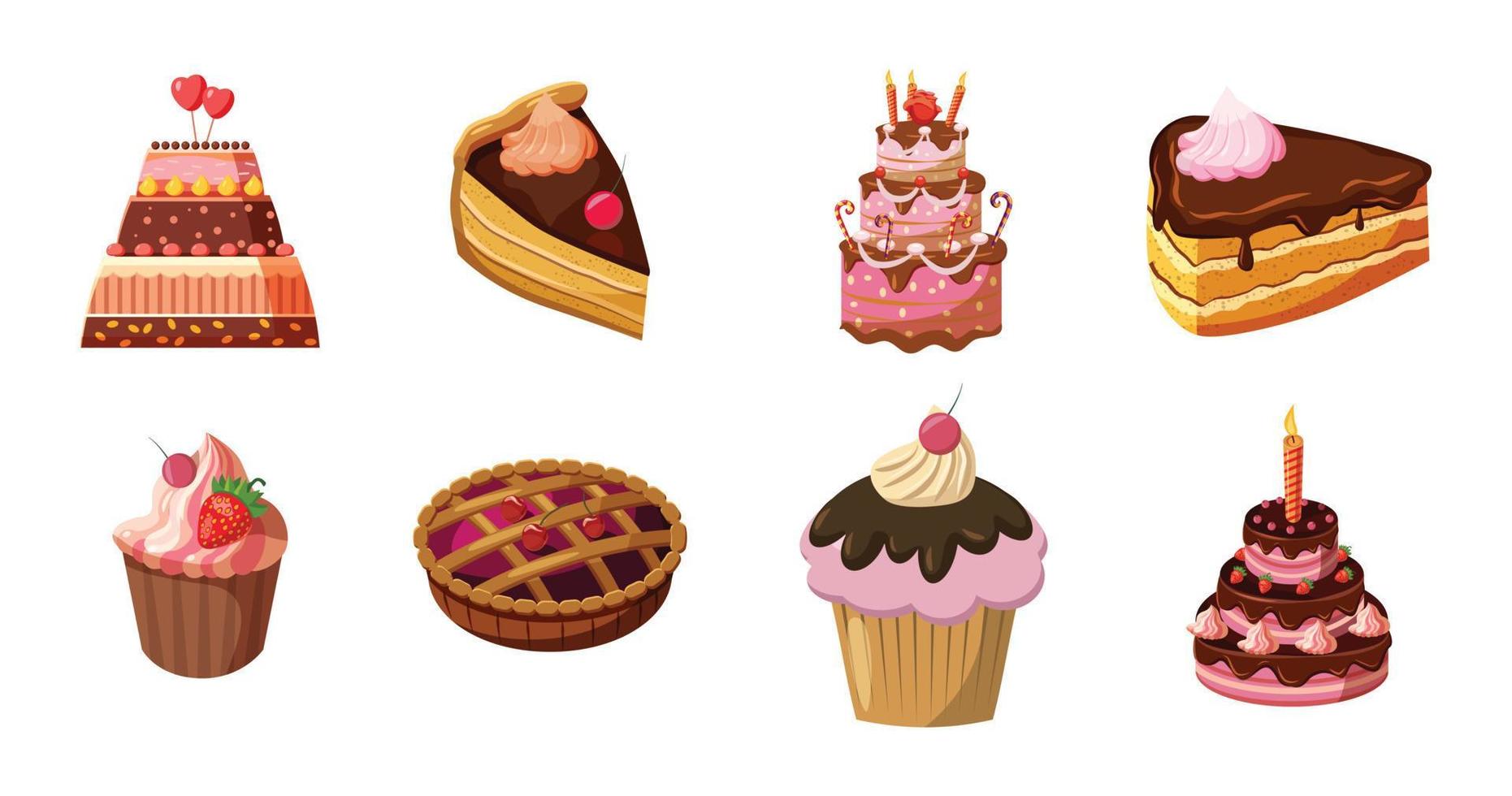 Cake icon set, cartoon style vector