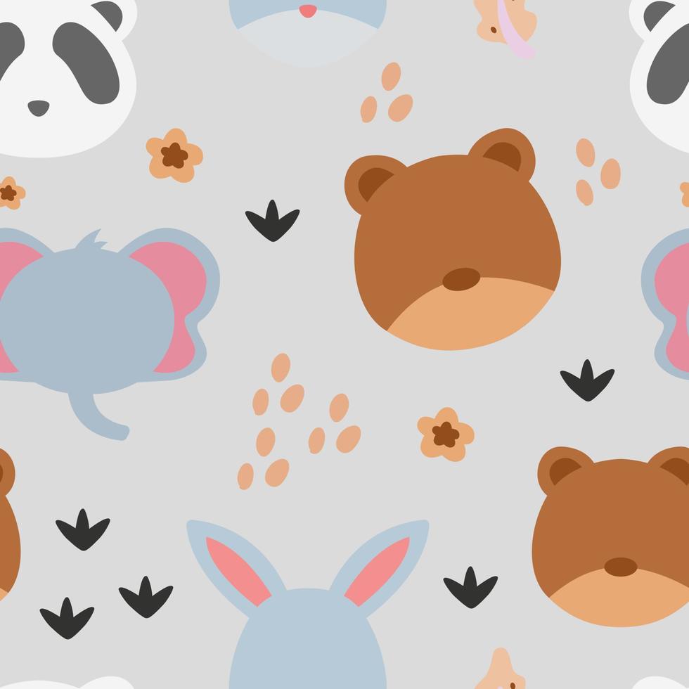 seamless pattern with cute animals and flowers. Animal heads cartoon background for baby textile, wrapping paper, background, and wallpaper. vector