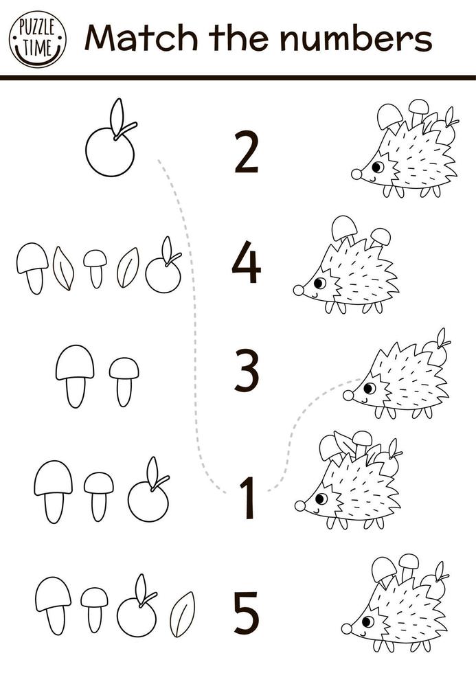 Match the numbers black and white game with funny hedgehog. Forest math outline activity or coloring page with cute forest animal. Educational printable counting worksheet for kids vector