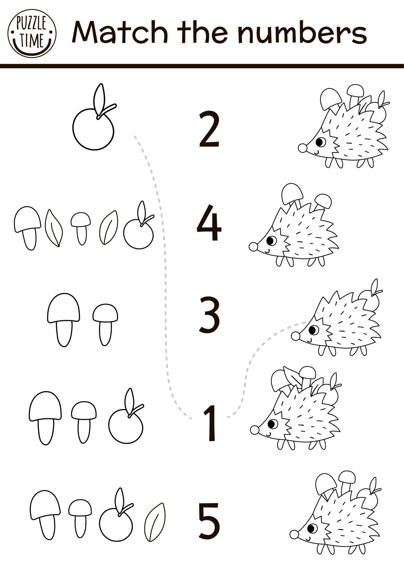 Match the numbers black and white game with funny hedgehog ...