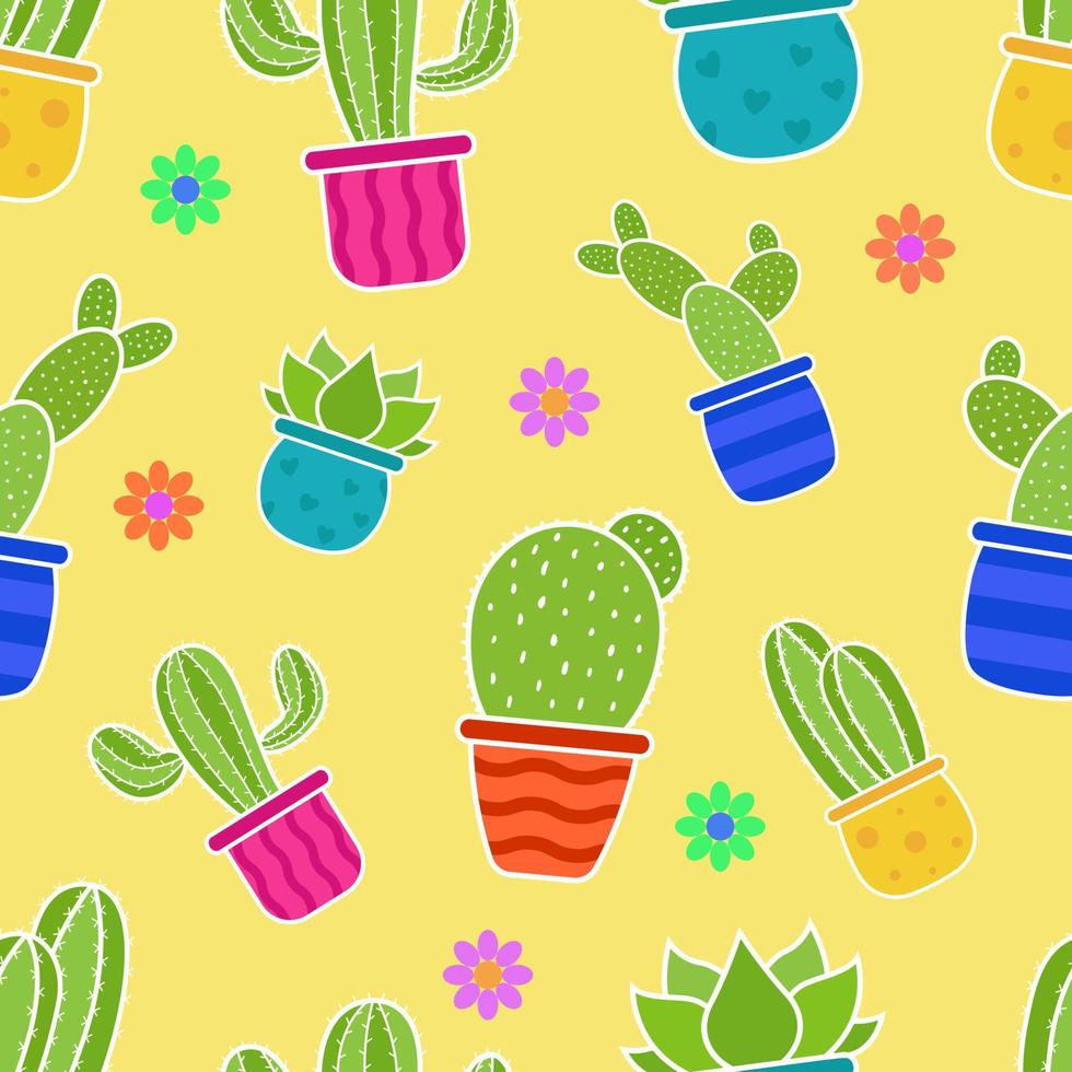 Vector seamless floral pattern cactus with yellow background