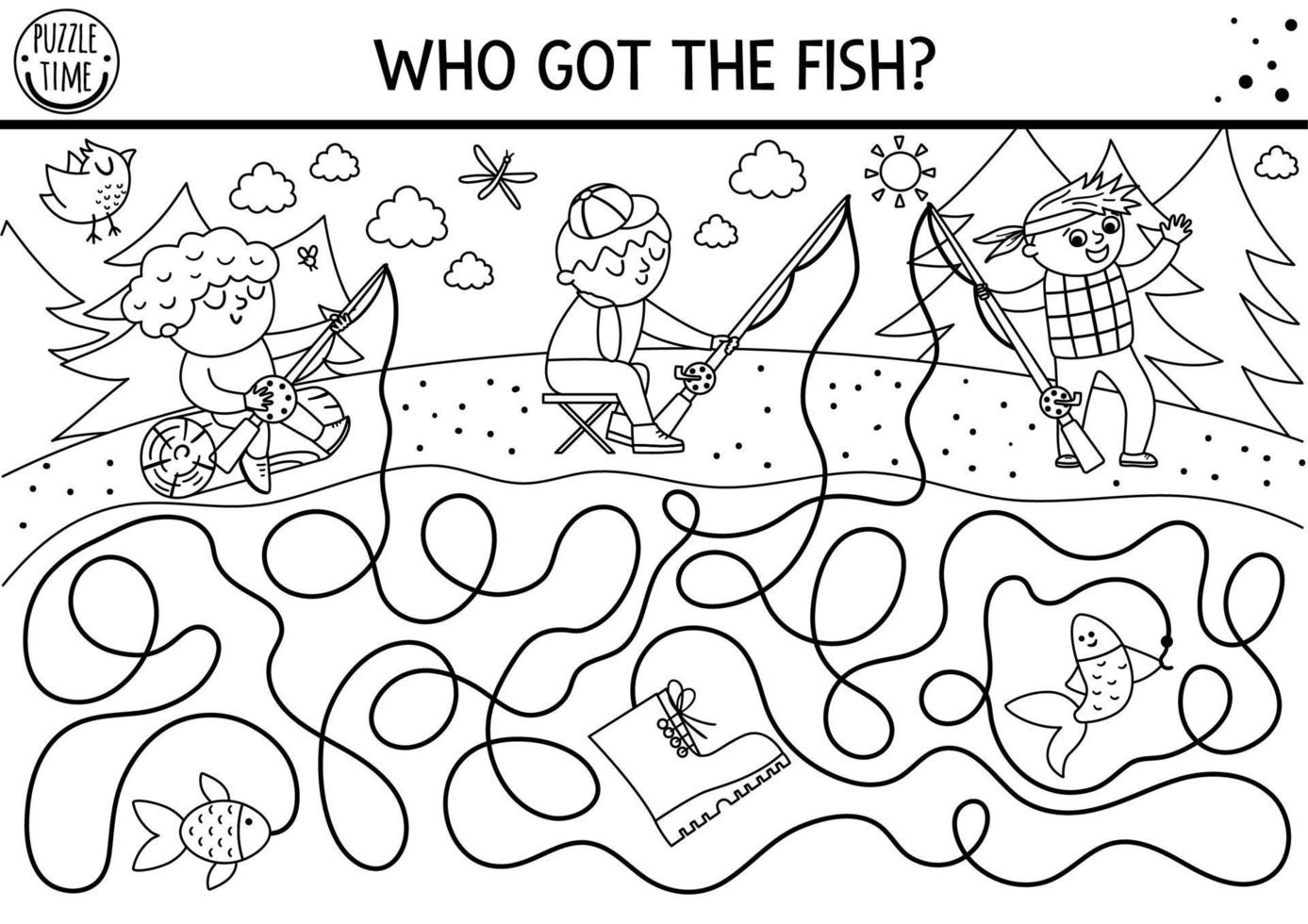 Black and white summer camp maze for children. Active holidays outline preschool printable activity. Family nature trip labyrinth coloring page with cute fishing kids with rods. Who got the fish vector
