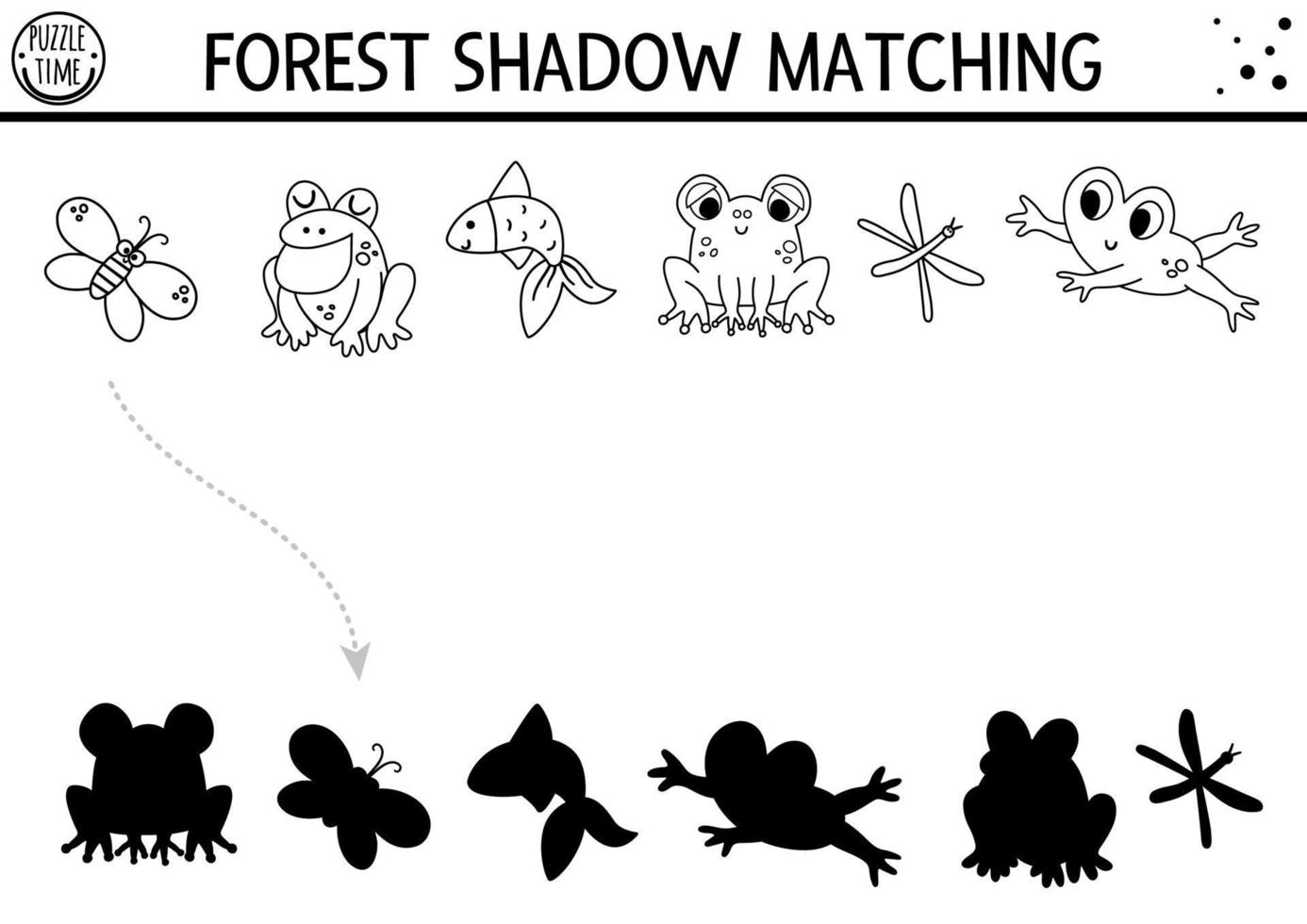Forest or camping black and white shadow matching activity with cute animals. Road trip outline puzzle with frogs, fish, butterfly. Find the correct silhouette printable worksheet coloring page. vector