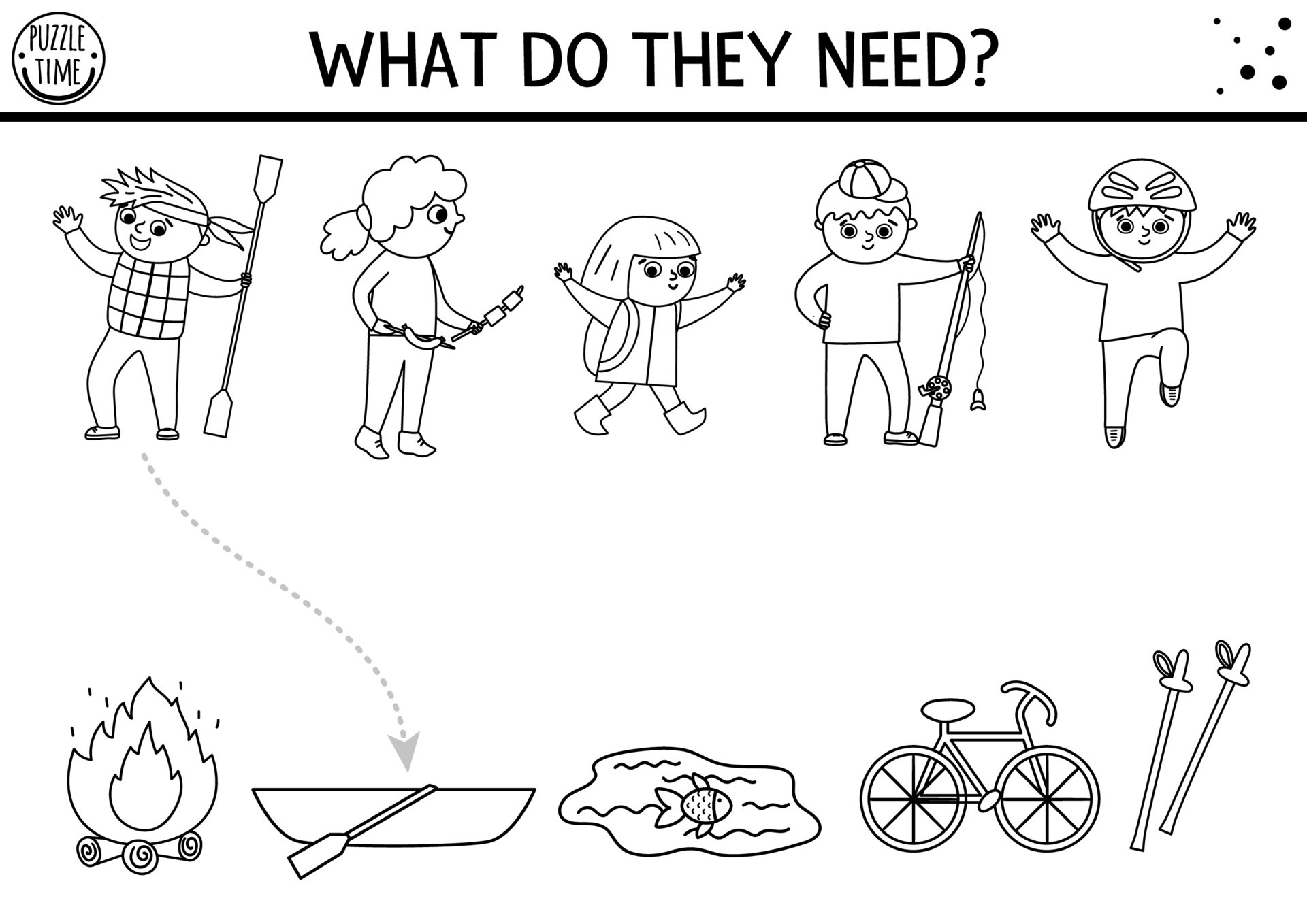 Black and white summer camp matching activity with cute children