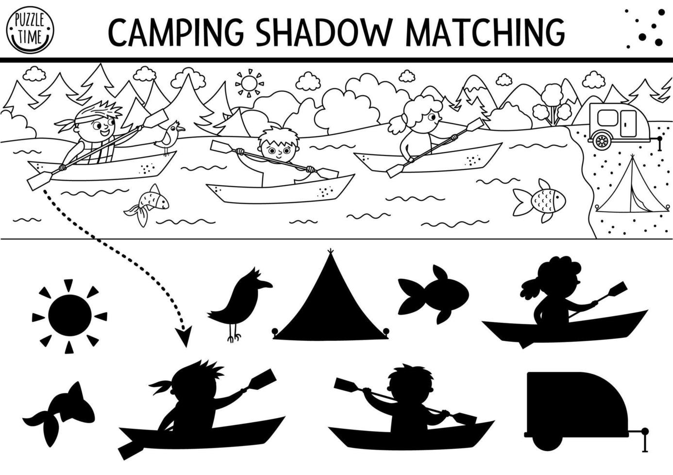 campamento de verano actividad de combinación de sombras en blanco y negro con niños lindos en barcos. Rompecabezas de contorno de viaje por carretera con niños en kayak. encuentre la hoja de trabajo imprimible o la página para colorear de la silueta correcta. vector