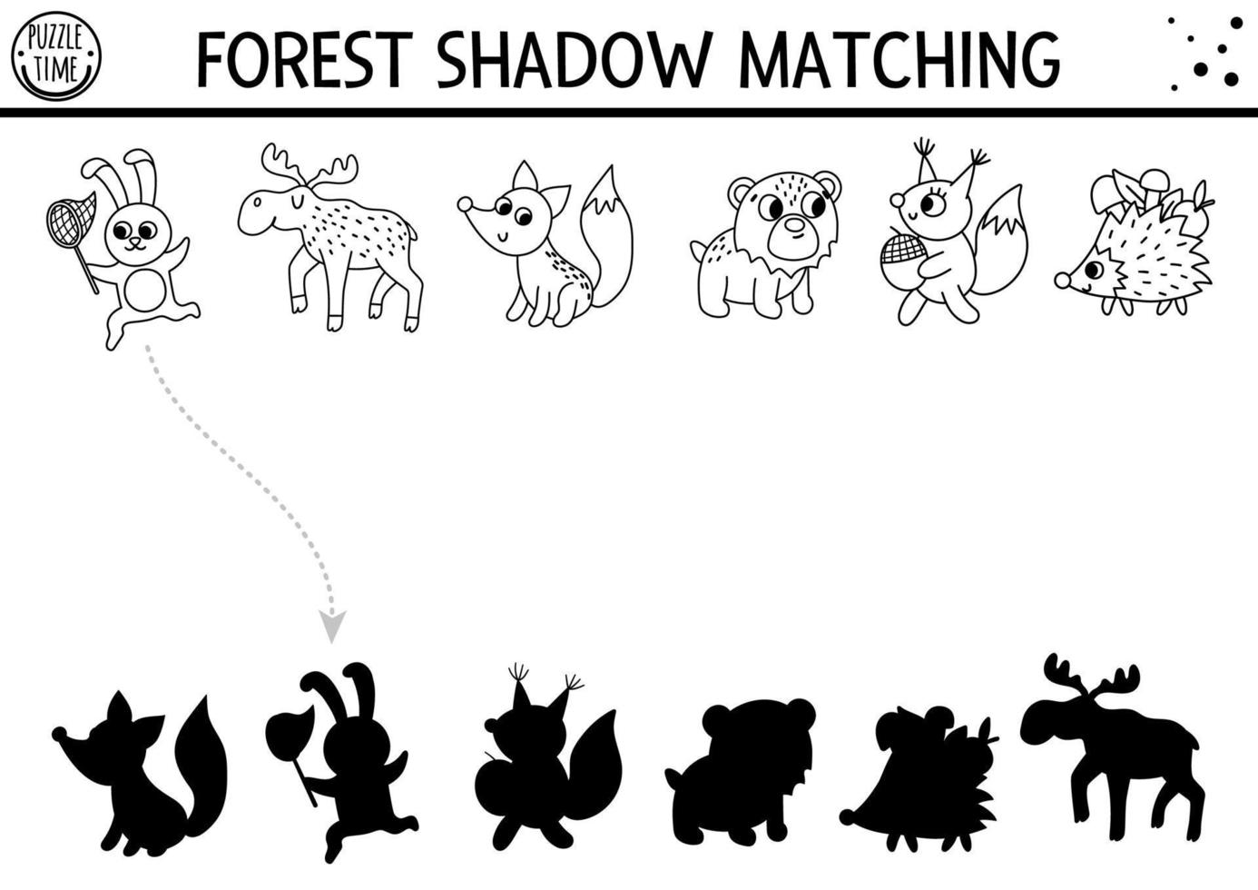 Forest or camping black and white shadow matching activity with cute animals. Road trip outline puzzle with moose, fox, bear, rabbit. Find the correct silhouette printable worksheet or coloring page. vector