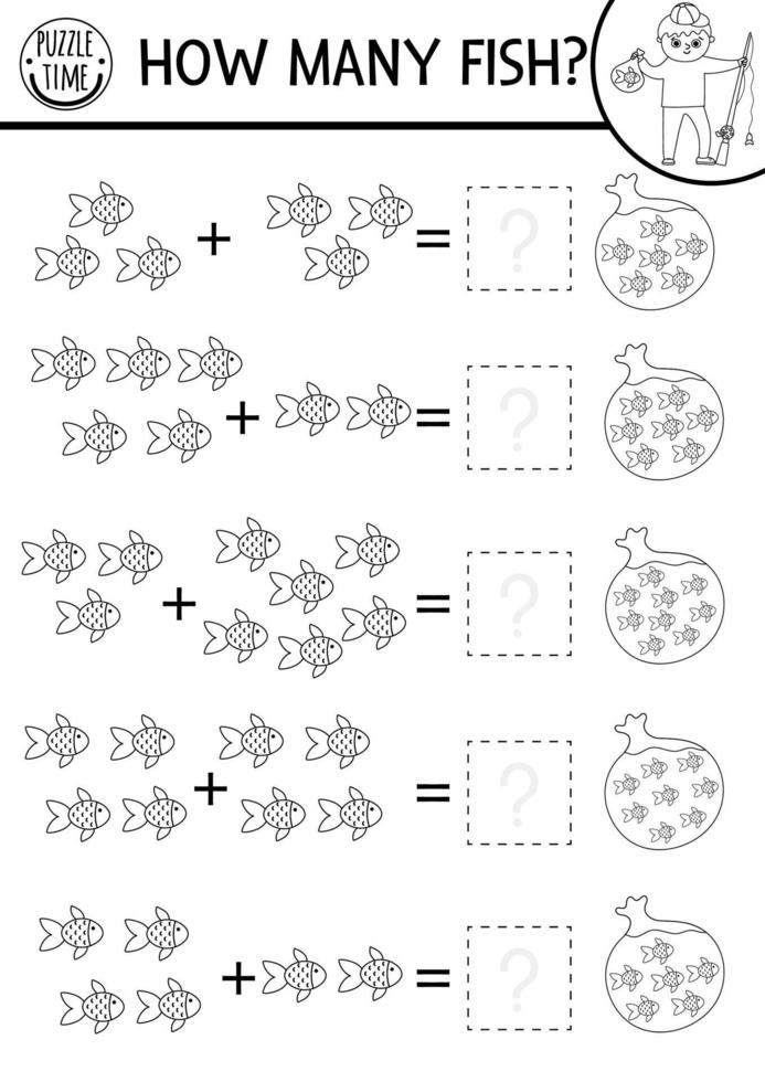 How many fish black and white game with cute fishes in the bag with water. Summer math addition outline activity. Printable counting worksheet or coloring page for kids with boy and rod vector