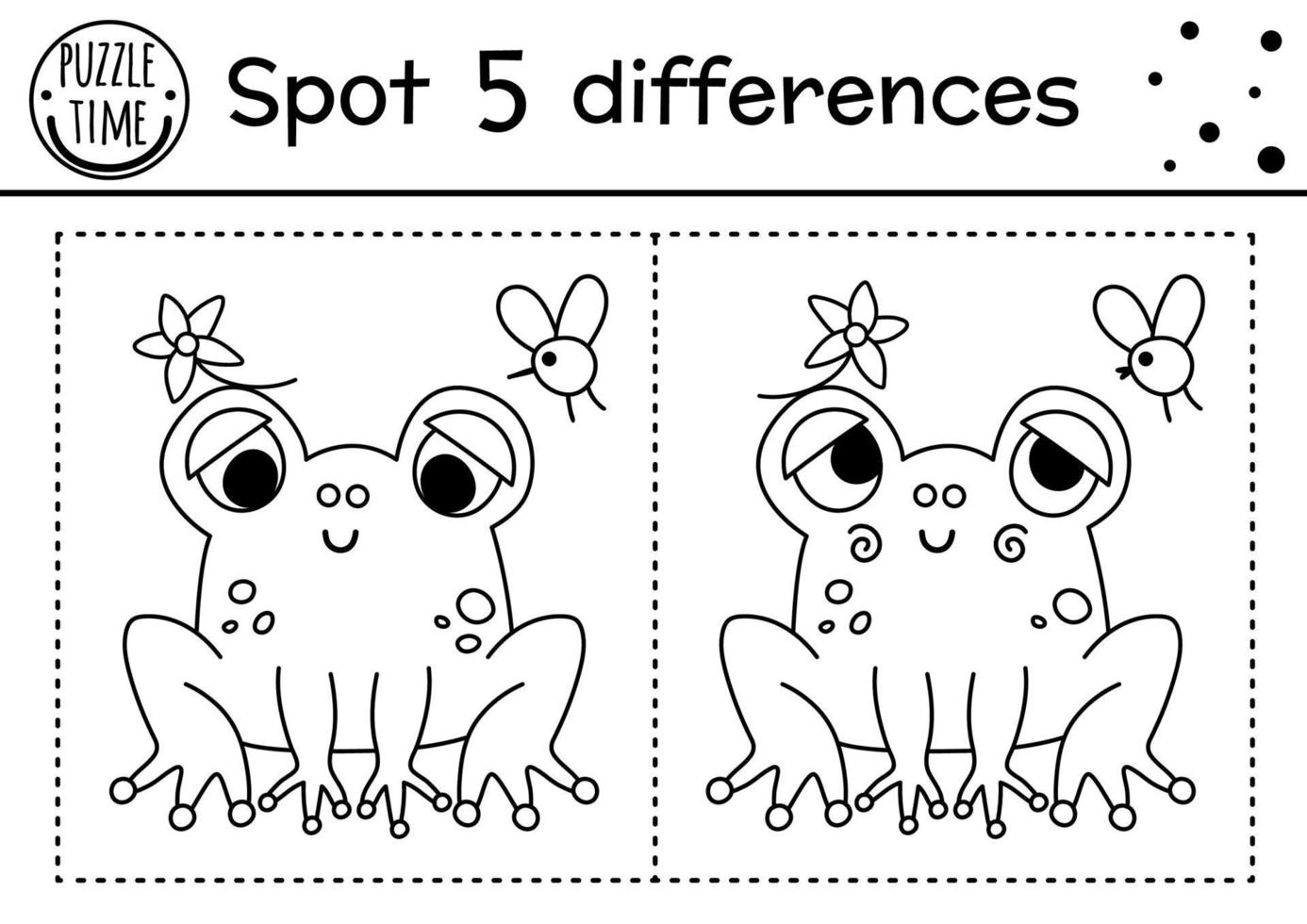 Forest find differences game for children. Black and white educational activity and coloring page with frog and fly. Spring garden, summer camp or woodland printable worksheet with cute animal. vector