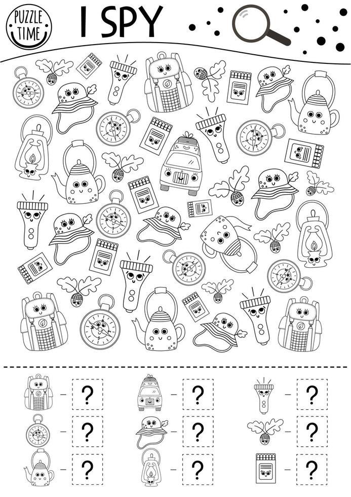 camping i spy juego en blanco y negro para niños. buscar y contar la actividad del esquema o la página para colorear con equipo de campamento de verano. divertida hoja de trabajo imprimible con objetos kawaii sonrientes. vector