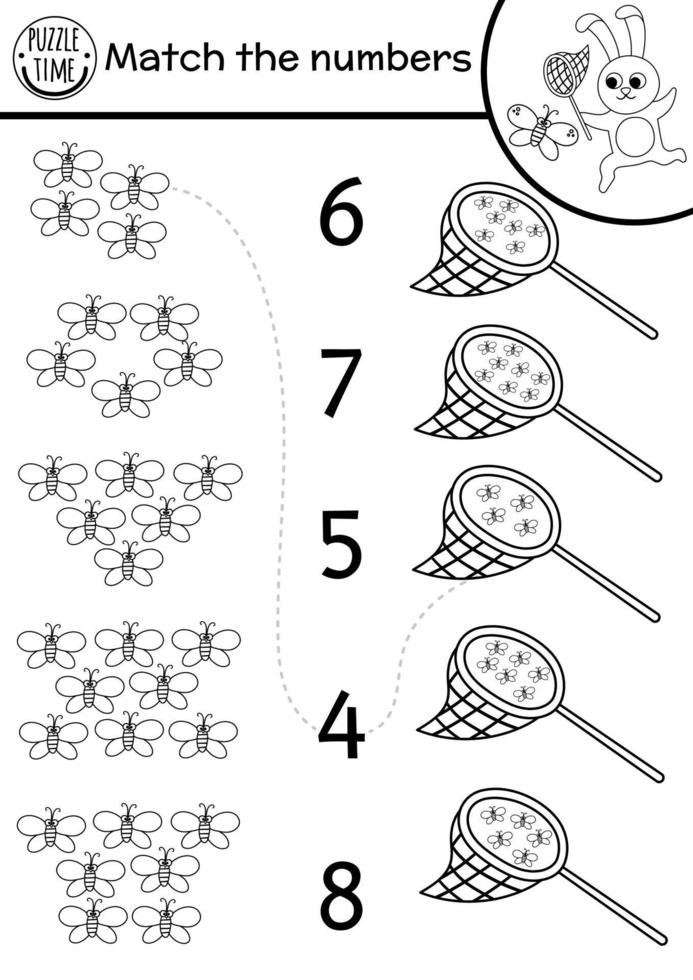 Match the numbers black and white game with butterflies in the net. Forest math outline activity. Educational printable counting worksheet or coloring page vector
