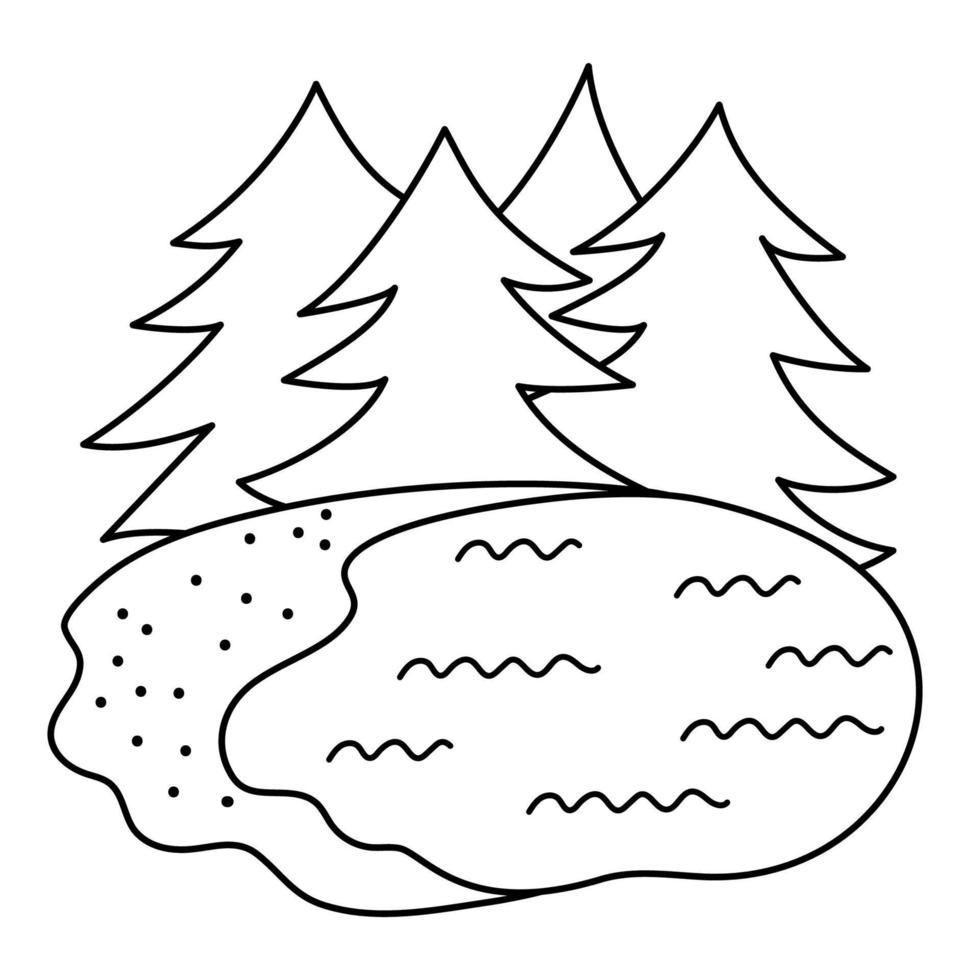 bosque escena en blanco y negro con abetos y lago. ilustración de bosque de contorno vectorial. vacaciones activas, camping o diseño de paisajes de turismo local para postales, impresiones, infografías. vector