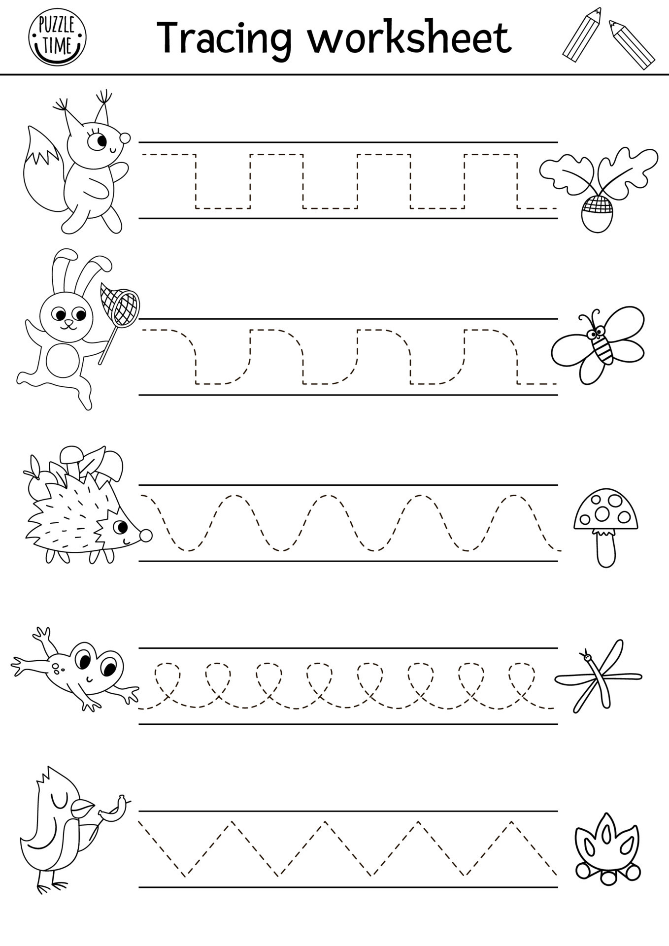 Vector forest handwriting practice worksheet. Summer woodland printable