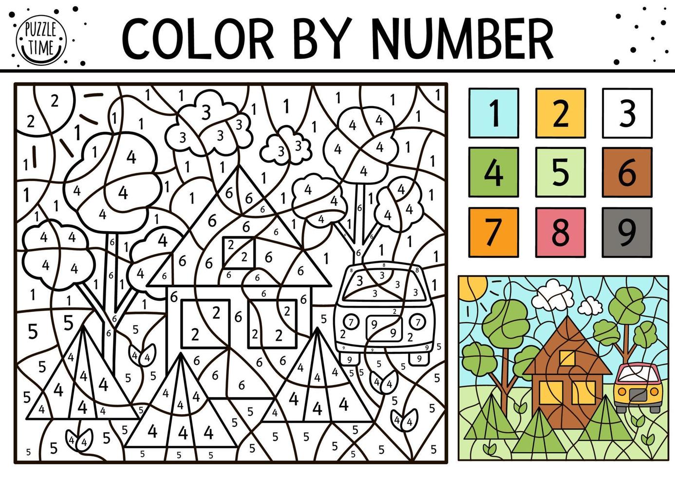 Vector camping color by number activity with trees, van, country house, tents. Summer road trip coloring and counting game. Funny coloration page for kids with nature scenery or camp place