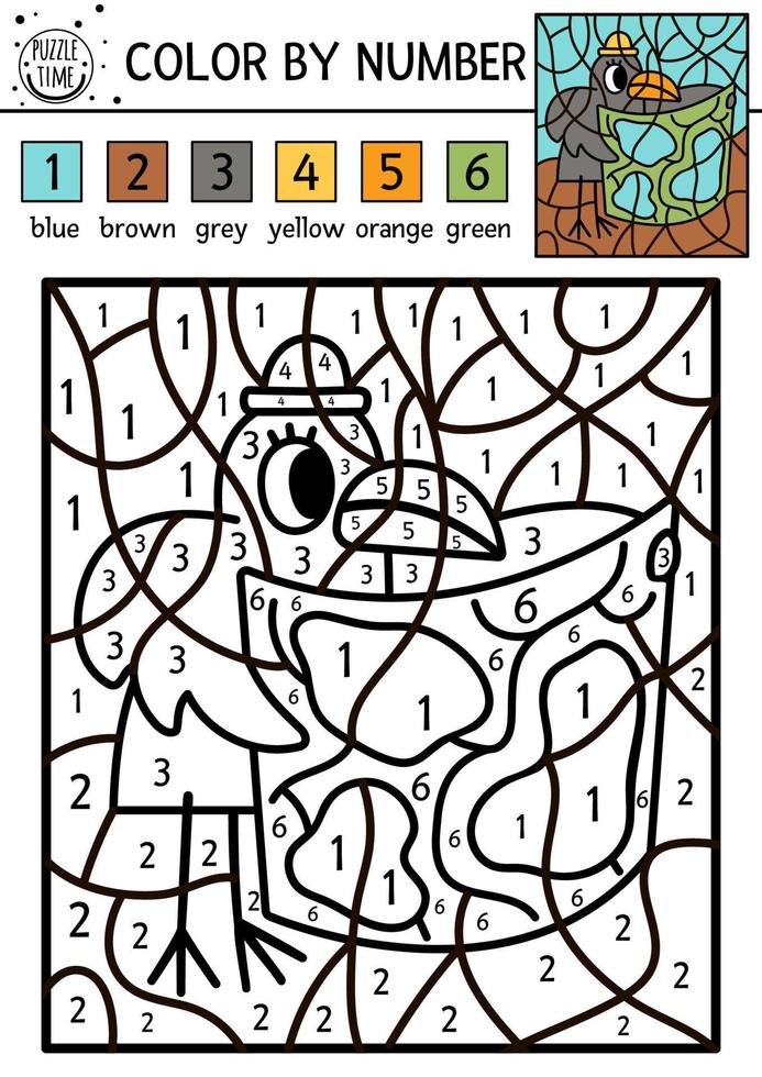 Vector forest color by number activity with raven looking in the map. Summer road trip coloring and counting game with comic woodland bird. Funny coloration page for kids with nature scene.