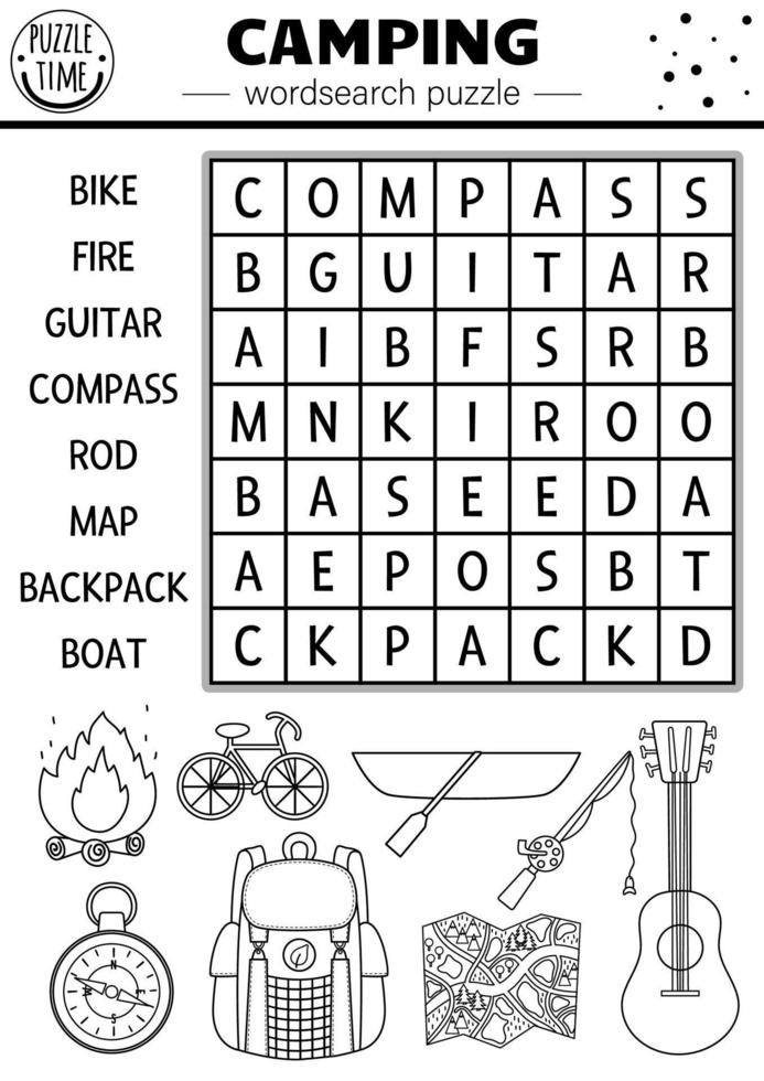 rompecabezas de búsqueda de palabras de camping en blanco y negro vectorial. bosque simple campamento de verano esbozar crucigrama o página para colorear. actividad educativa de palabras clave con mochila para niños, mapa, bicicleta, bote, fuego, guitarra vector