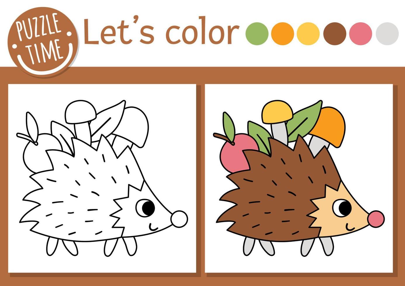 Bosque para colorear página para niños. erizo divertido que lleva manzana y champiñones. ilustración de contorno vectorial con lindo animal del bosque. libro de colores de verano para niños con ejemplos de colores vector