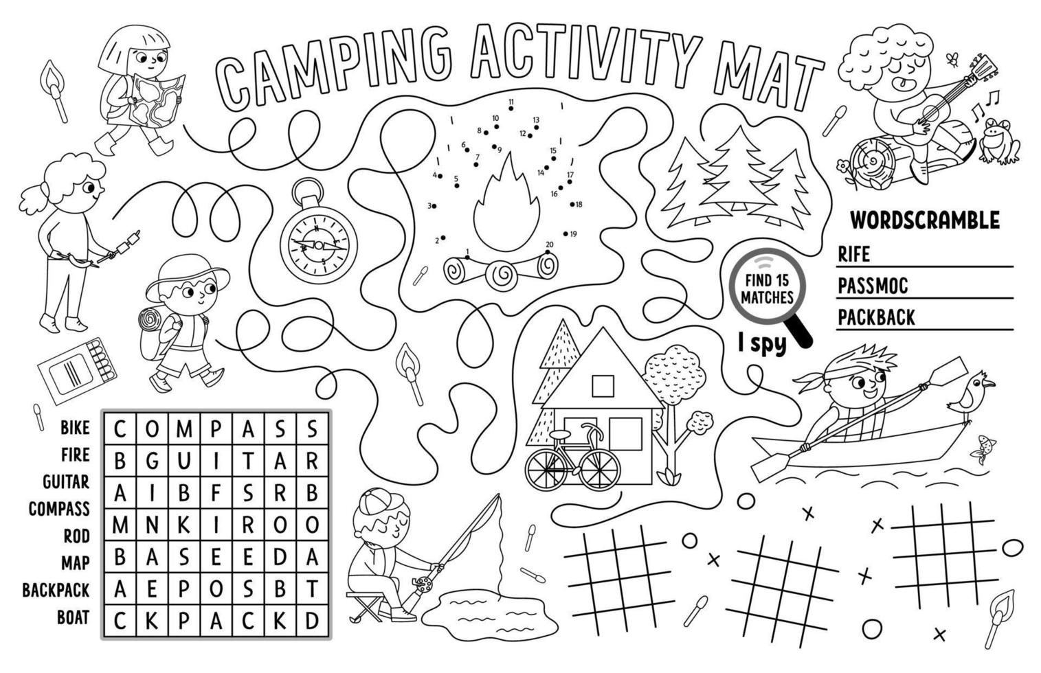 mantel de camping vectorial. vacaciones de campamento de verano alfombra de actividades imprimible con laberinto, gráficos de tres en raya, conectar los puntos, búsqueda de palabras. alfombra de juego en blanco y negro o página para colorear con niños lindos vector