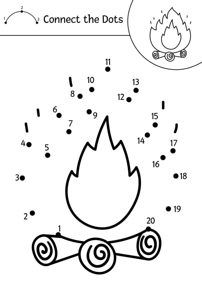 Vector camping dot-to-dot and color activity with cute fire on logs. Summer camp connect the dots game for children. Funny adorable road trip coloring page for kids.