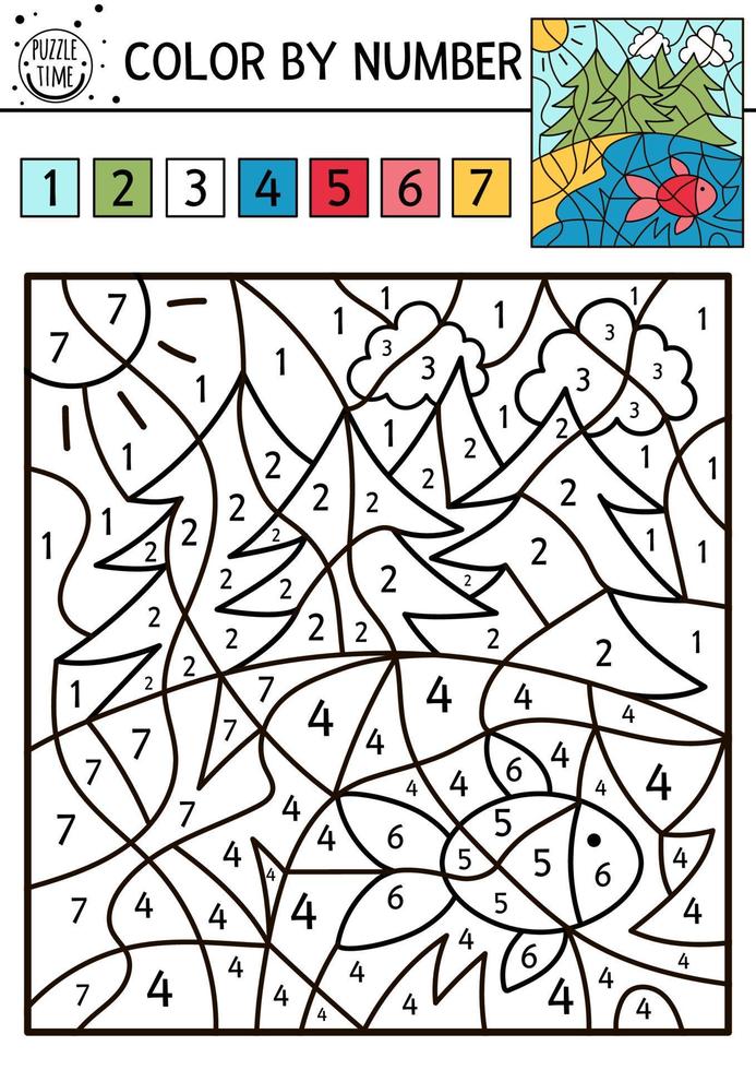 Vector forest color by number activity with fir trees, river, sun and bird red fish. Summer road trip coloring and counting game. Funny coloration page for kids with nature scene.