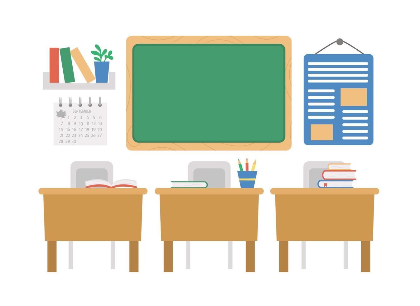 Vector empty school classroom illustration. Flat class room interior with chalk board, desks, books. Back to school or lesson concept on white background.