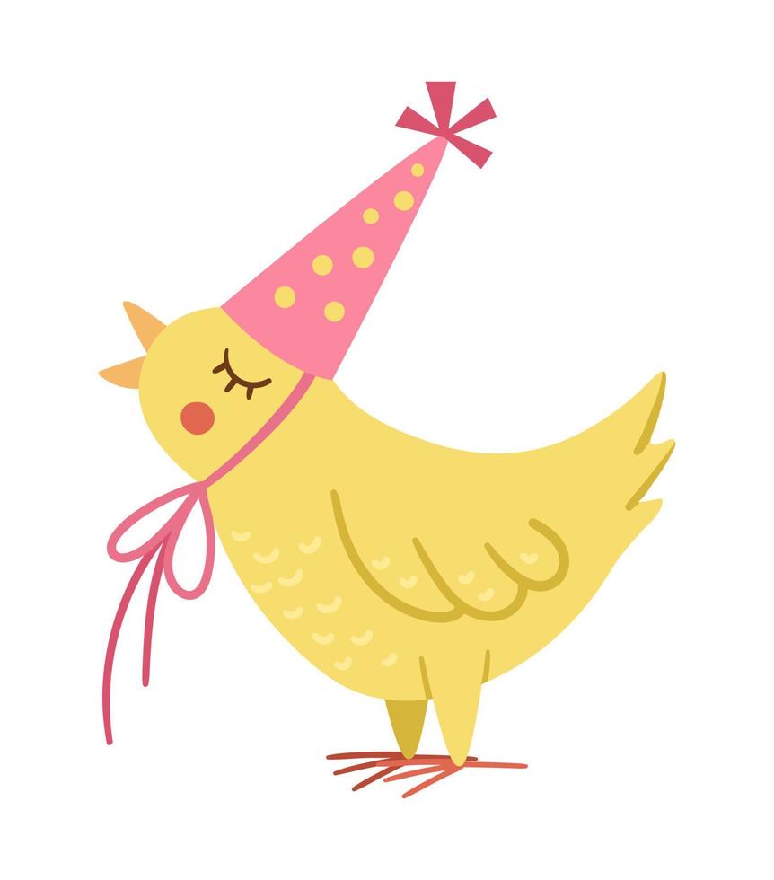 vector lindo canto de pollo en sombrero de cumpleaños. divertido pájaro b-day para tarjeta, afiche, diseño de impresión. brillante ilustración navideña para niños. icono de personaje de celebración alegre aislado sobre fondo blanco.