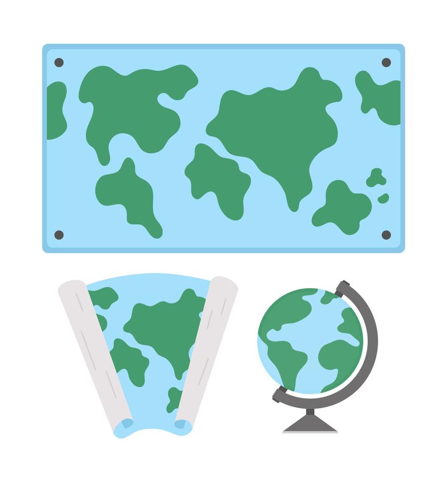 Vector world maps and globe illustration. Classroom signs collection. Back to school educational clipart. Geography class concepts