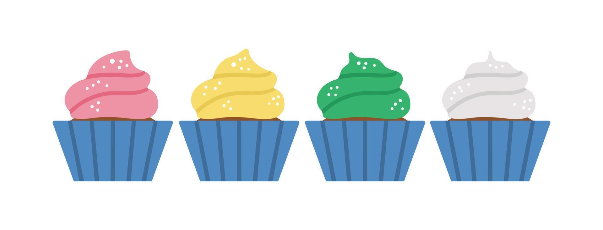 postres de cumpleaños vectoriales. Linda celebración divertida cupcakes ilustración para tarjeta, póster, diseño de impresión. brillante concepto de vacaciones para niños con muchas magdalenas de colores. vector