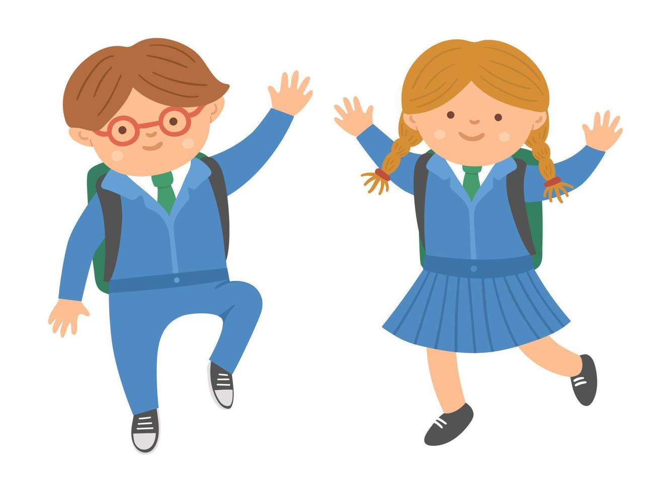 vector lindos escolares felices saltando de alegría con las manos arriba. ilustración de personaje de regreso a la escuela. niños divertidos en uniforme con mochilas escolares aisladas sobre fondo blanco.