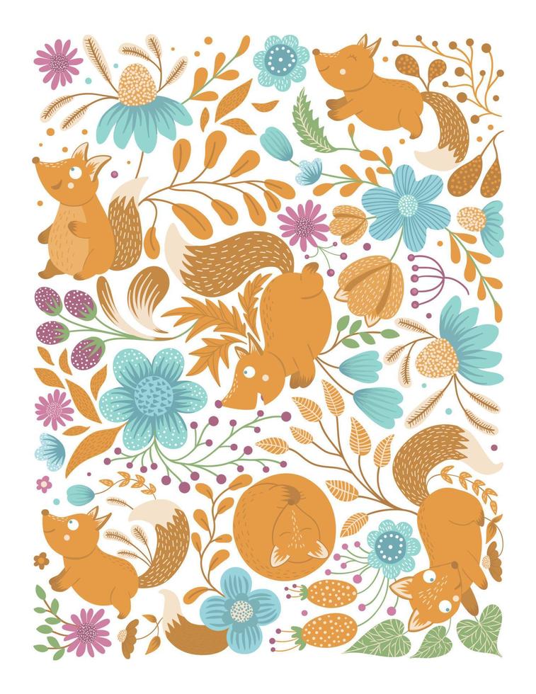 Vector ornate background with cute woodland animals, leaves, flowers, insects. Funny forest scene with foxes. vertical illustration for children. Picture book, hide and seek activity game for kids