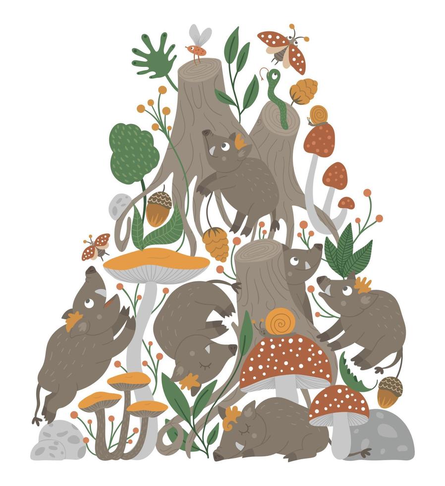 fondo vectorial adornado con lindos animales del bosque, hojas, flores, insectos. escena divertida del bosque con jabalíes. ilustración vertical para niños. libro ilustrado, juego de actividades de escondite para niños vector