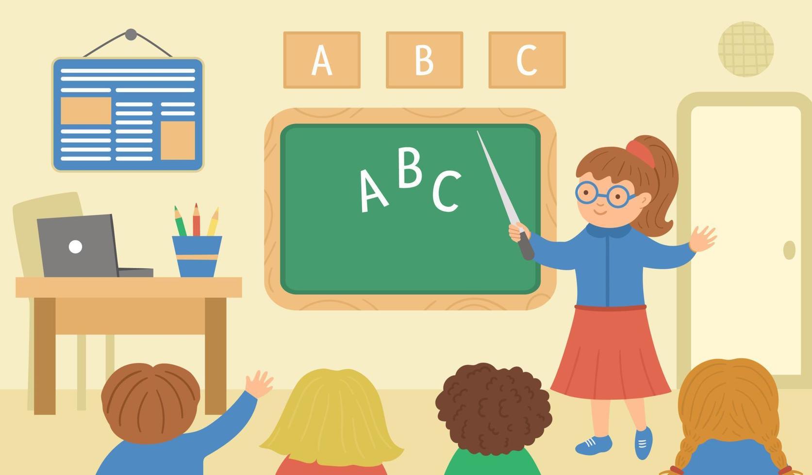 Elementary school classroom illustration with teacher at the chalk board and cute happy schoolchildren with hands up ready to answer teacher question. Back to school flat picture. Vector lesson scene