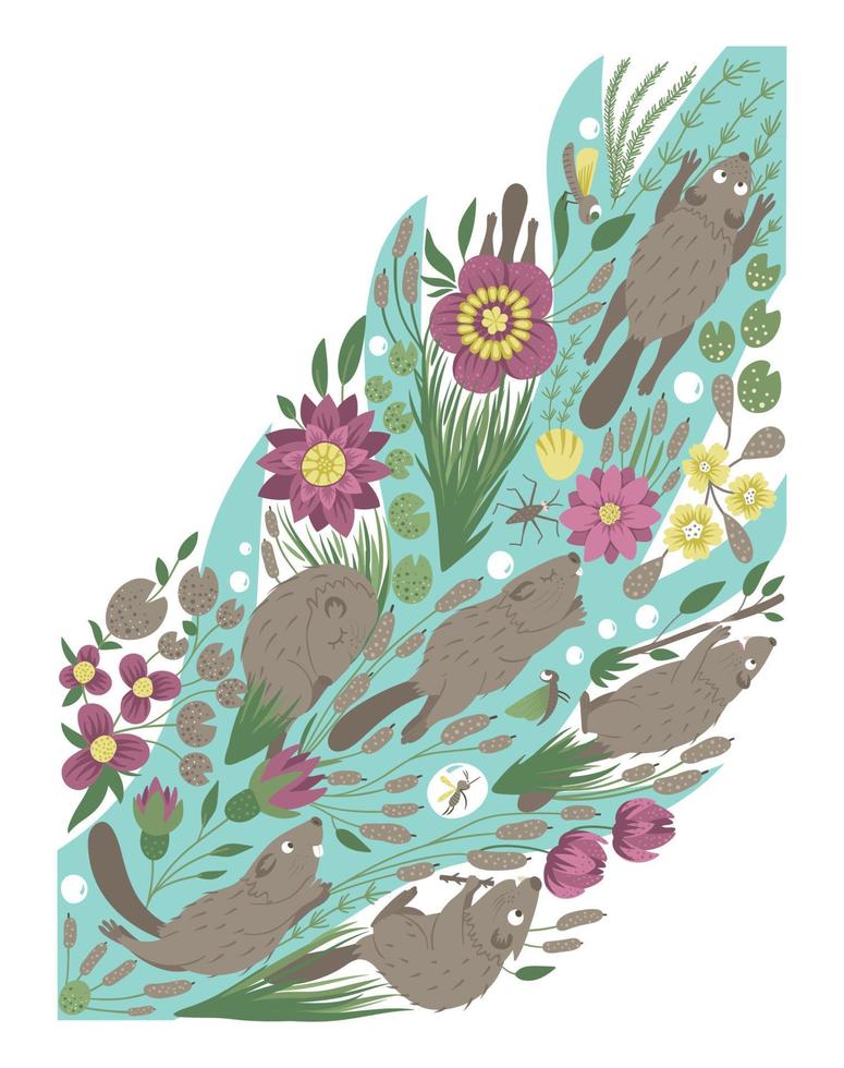 fondo vectorial adornado con lindos animales del bosque, hojas, flores. escena divertida del bosque con castores. ilustración vertical plana brillante para niños. libro ilustrado, juego de actividades al escondite vector