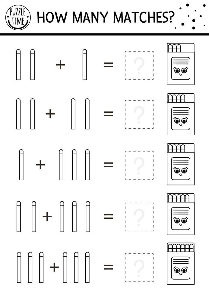 How many matches black and white game with cute match in the box. Summer math addition outline activity or coloring page. Printable simple counting worksheet with kawaii object vector