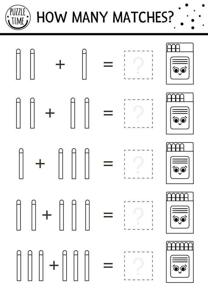 ¿Cuántos partidos en blanco y negro con un lindo partido en la caja? actividad de esquema de adición de matemáticas de verano o página para colorear. hoja de trabajo de conteo simple imprimible con objeto kawaii vector