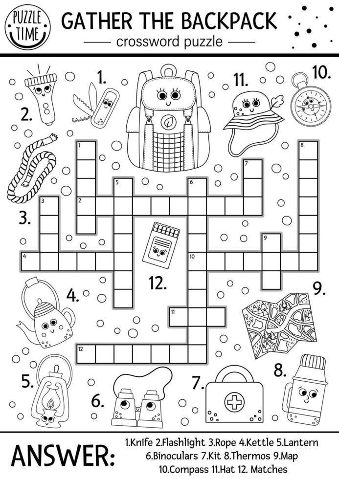 Vector black and white camping crossword puzzle for kids. Simple Summer camp outline quiz with forest equipment. Activity with compass, thermos, bag. Gather the backpack cross word or coloring page.