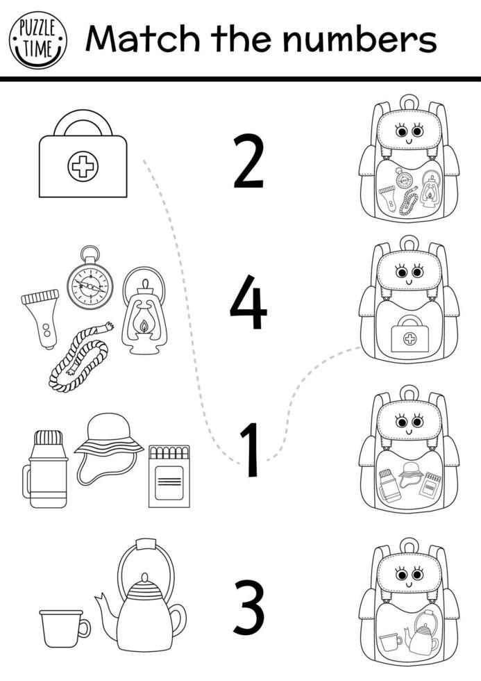Match the numbers black and white game with kawaii backpack and camping equipment. Summer camp math outline activity with lantern, compass. Printable counting worksheet or coloring page vector