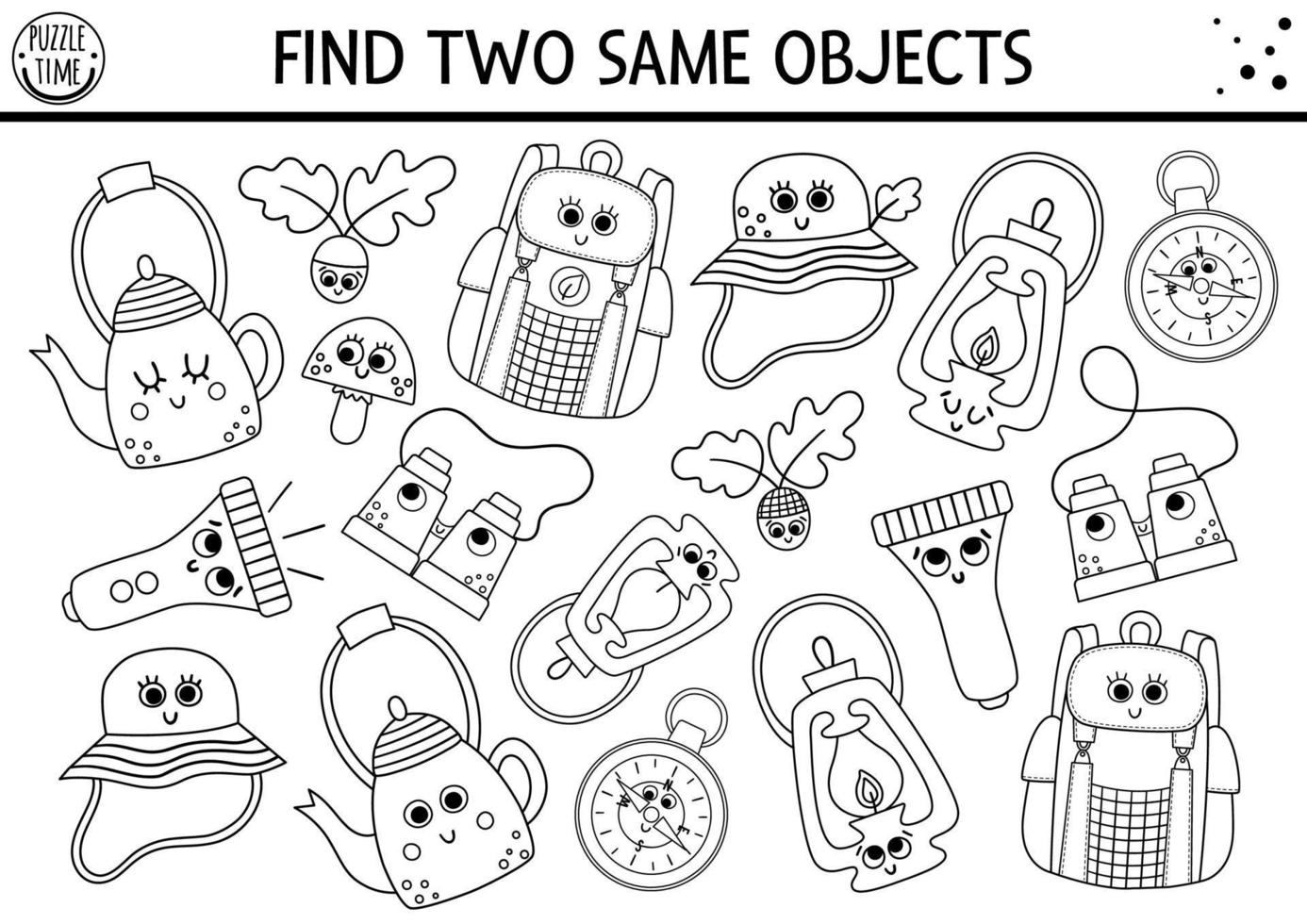 Find two same objects. Camping black and white matching activity for children. Outline worksheet or coloring page with kawaii backpack, compass, lantern. Simple printable summer camp game vector