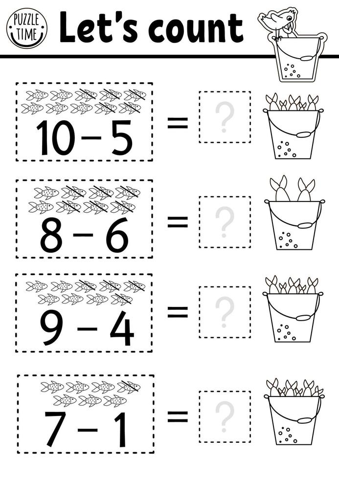 How many fish game with cute fishes in the bucket with water. Summer math subtraction activity for preschool children. Printable simple counting worksheet for kids with seagull vector