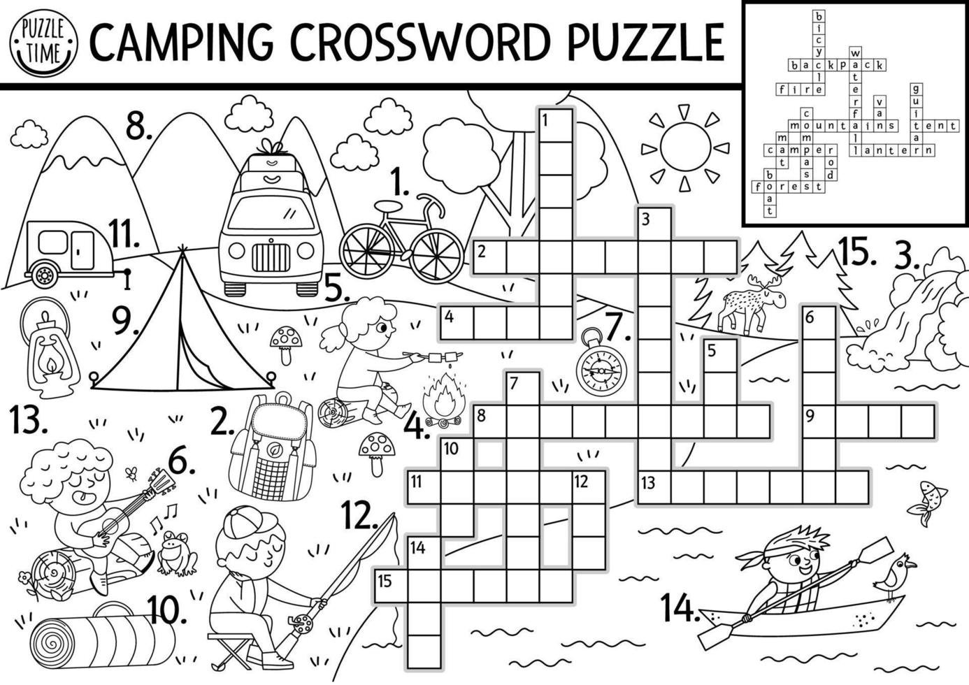 Vector black and white camping crossword puzzle. Simple forest summer camp outline quiz for children. Educational activity with kids fishing, hiking. Woodland cross word or coloring page.