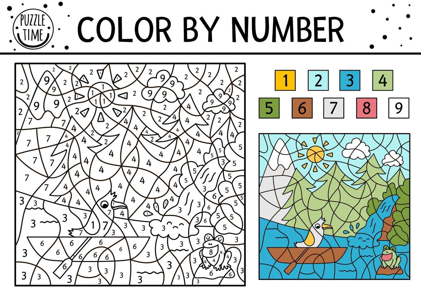 color de bosque vectorial por actividad numérica con árboles, montañas, cascada de río y pájaro en un bote. juego de colorear y contar de viaje de verano. página de coloración divertida para niños con escena de la naturaleza. vector