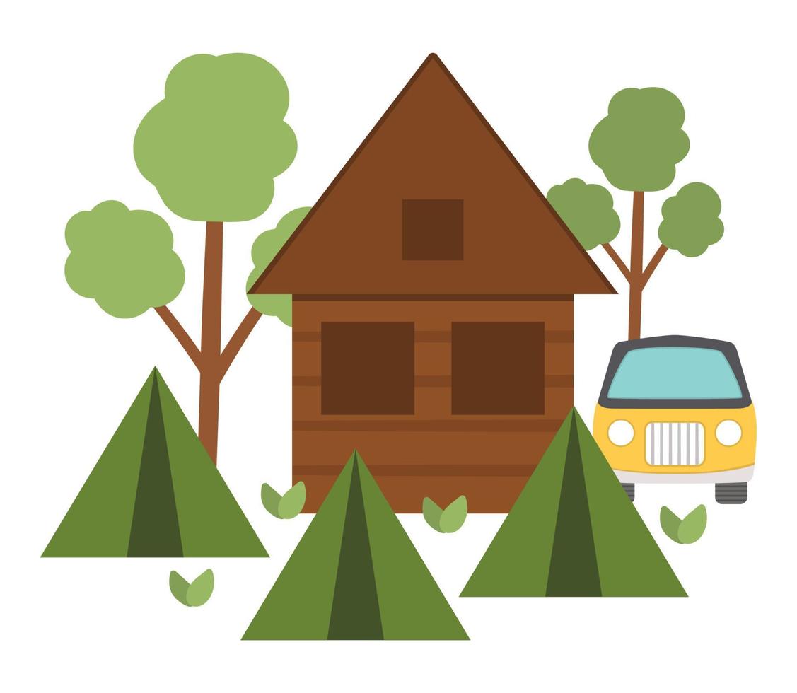 Summer camp scene with house, green tent, van, forest. Vector campfire illustration. Active holidays or local tourism woodland landscape design for postcards, prints, infographics.