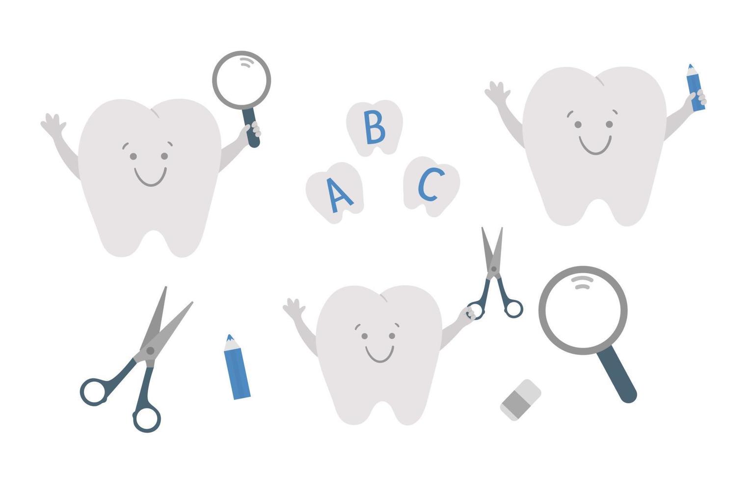 Vector cute kawaii teeth with magnifying glass, scissors, glue, pencil. Funny dental care illustration. School educational activity concept. Mouth hygiene clipart