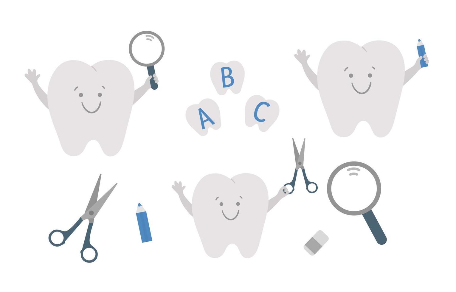 vector lindos dientes kawaii con lupa, tijeras, pegamento, lápiz. ilustración divertida de cuidado dental. concepto de actividad educativa escolar. Imágenes Prediseñadas de higiene bucal