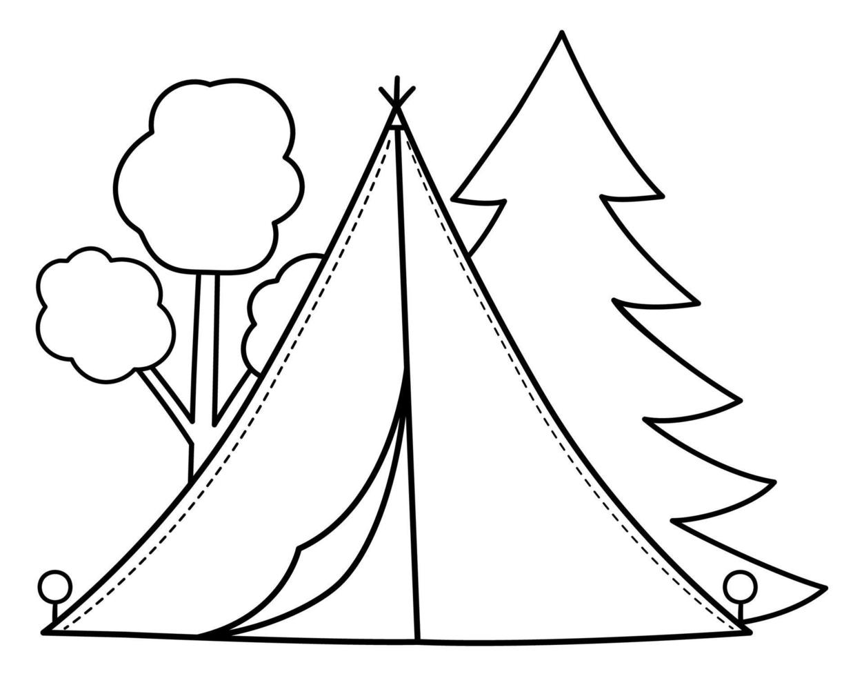 Summer camp black and white scene with tent and forest. Vector campfire illustration. Active holidays or local tourism woodland landscape outline design for postcards, prints, infographics.