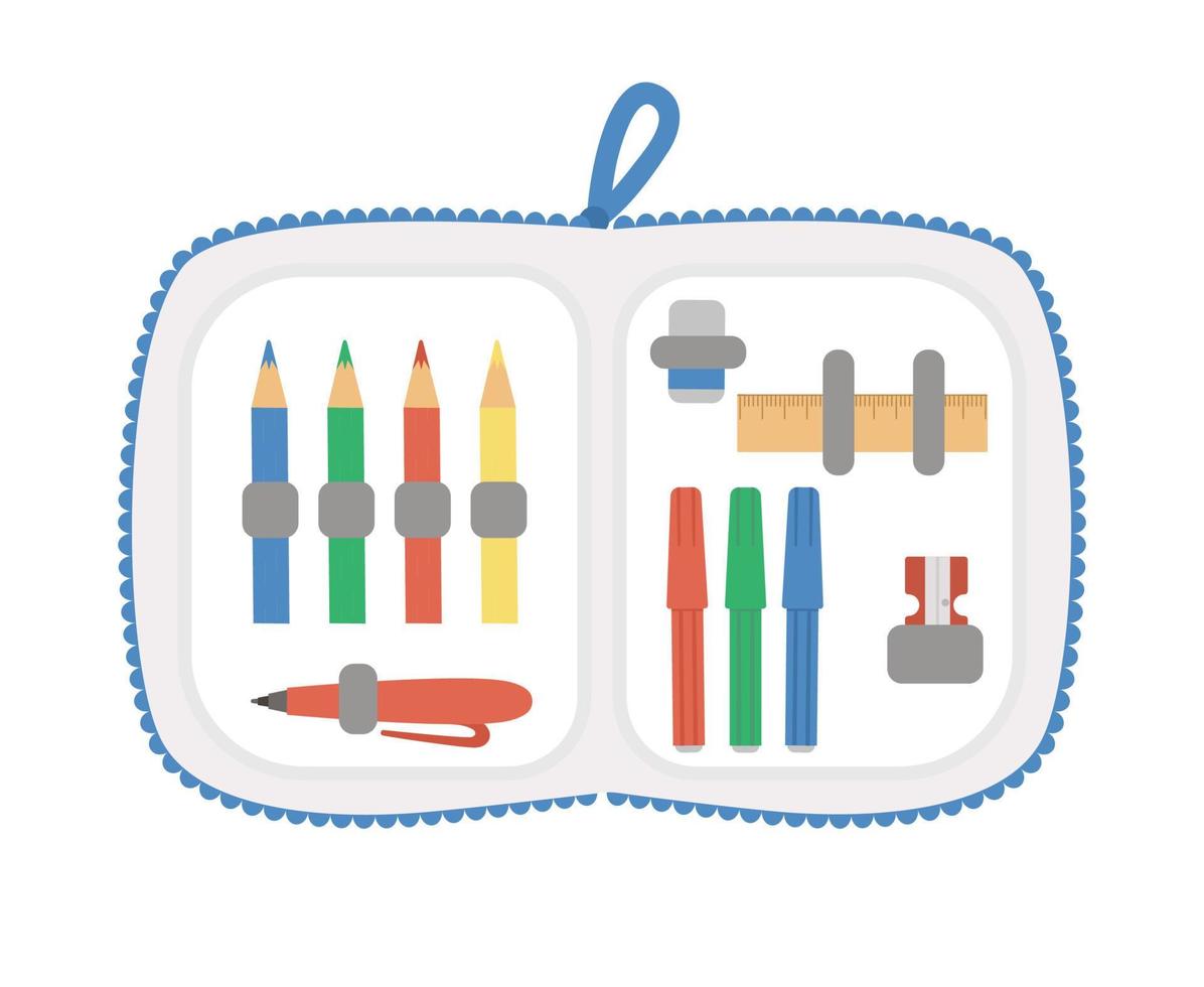 Vector opened pencil case with stationery. Back to school educational clipart. Cute flat style supplies and writing materials. Box with colored pencils, felt pens, pen, sharpener, ruler.