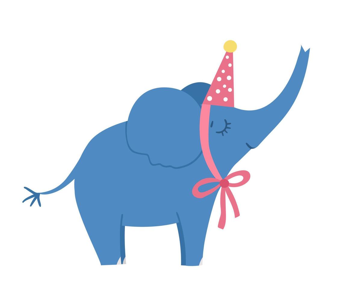 Vector cute elephant in birthday hat. Funny b-day animal for card, poster, print design. Bright holiday illustration for kids. Cheerful celebration character icon isolated on white background.