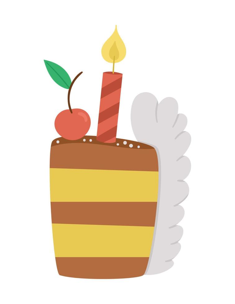 Vector cute birthday cake slice with candle and cherry on top. Funny b-day dessert for card, poster, print design. Bright holiday illustration for kids. Cheerful celebration icon