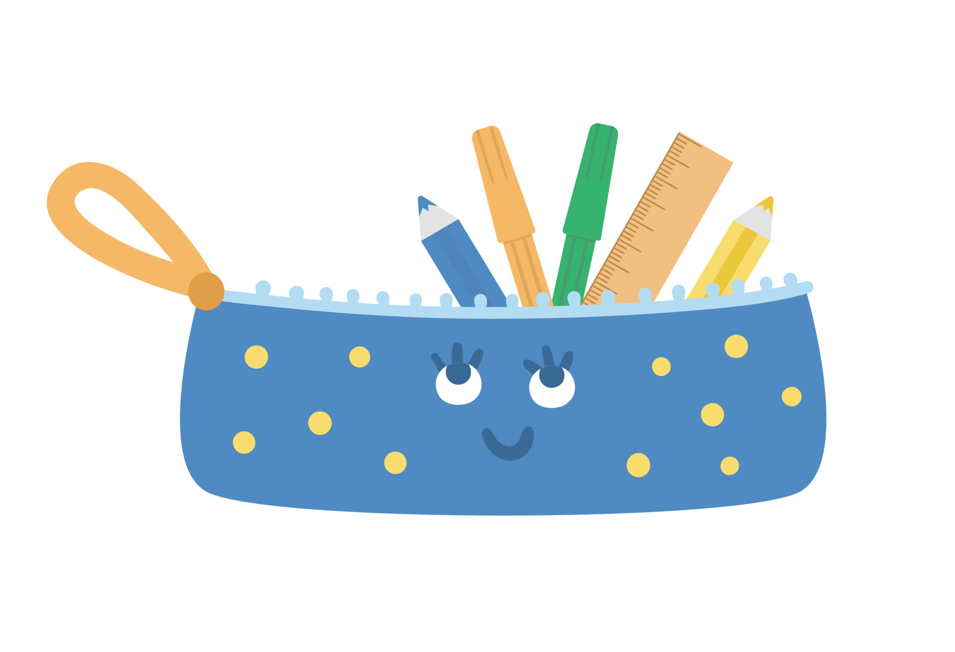 Vector kawaii pencil case illustration. Back to school educational clipart.  Cute flat style smiling stationery box with ruler, pencils, felt pens.  Funny picture for kids 9012363 Vector Art at Vecteezy