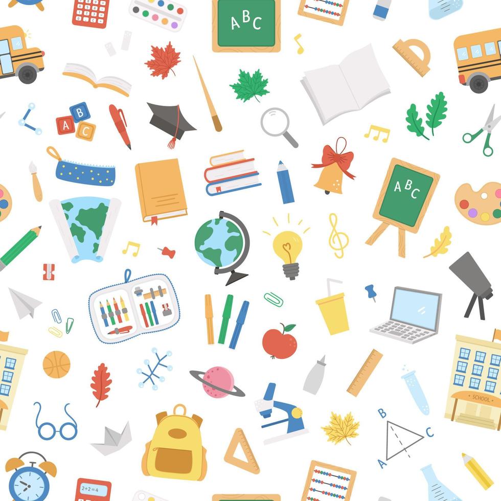 Back to school vector seamless pattern. Educational digital paper. Cute flat style classroom objects repeating background with supplies, school building, bus, subject icons, books, stationery.